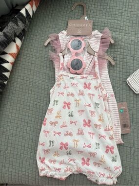 Pink Bow-Print Baby rompers with matching sunglasses- 3 Piece Set